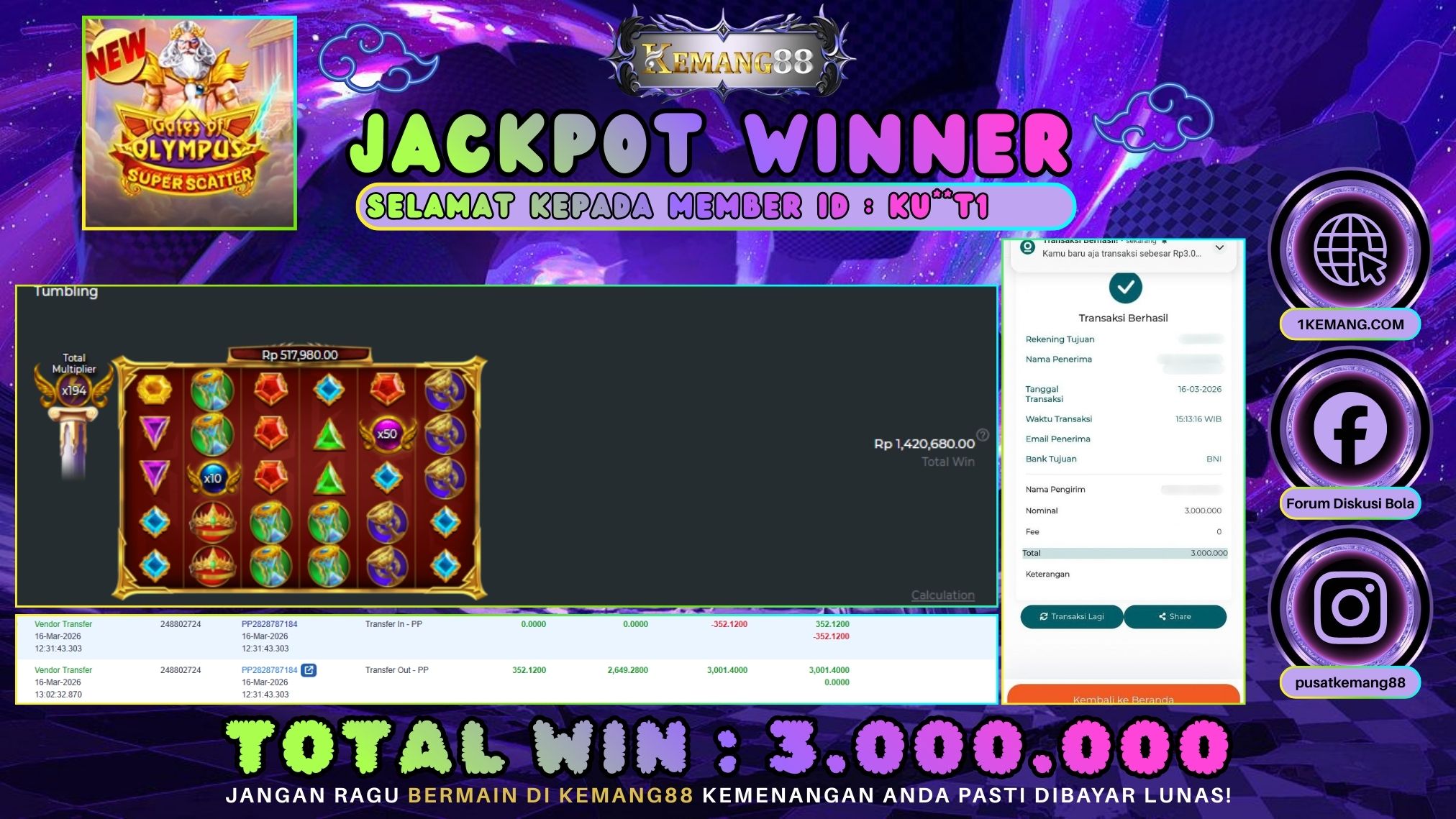 KEMANG88 [16 Maret 2026] : JACKPOT SLOT : GATES OF OLYMPUS SUPER SCATTER [PP] Rp. 3.000.000.,- LUNAS